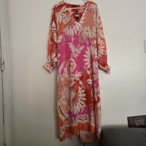 Josie Natori Mantilla Scroll Sequinned Floral Dress Orange Pink Size M/L